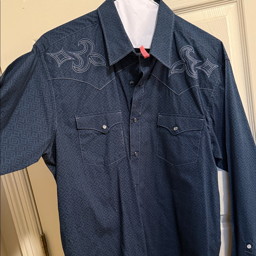 Men's Embroidered Navy Button Down Shirt